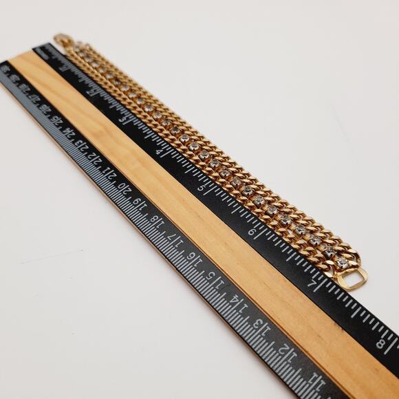Vintage Wide Three Strand Gold Tone Bracelet - 7 1/4 Inches, Curb Rhinestones - Picture 5 of 10